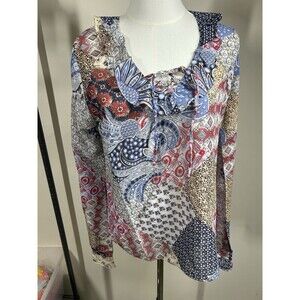 Moments Womens Blouse XL Artsy Print Ruffled V-Neck Trumpet Slvs NEW 068